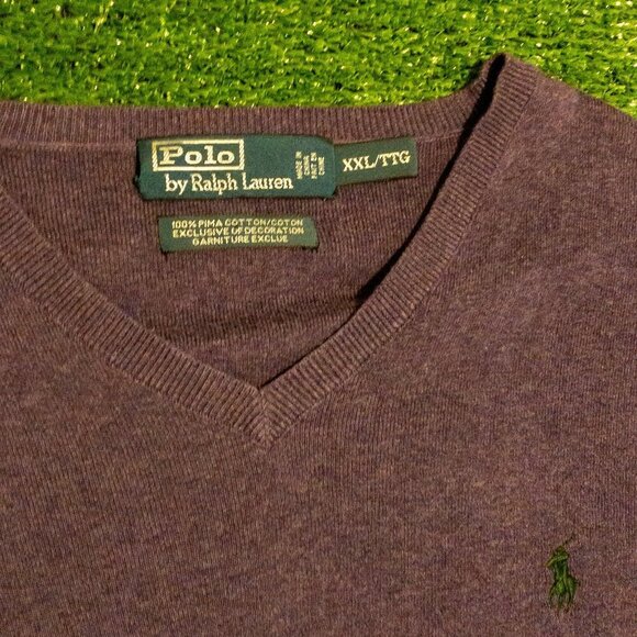 VINTAGE POLO RALPH LAUREN MENS V NECK SWEATER PURPLE GREEN HORSE COTTON SZ XXL - Picture 3 of 6